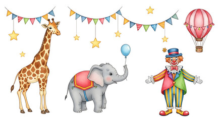 Fototapeta premium Circus Animals and Hot Air Balloon with Party Banners and Stars