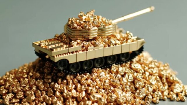 Capital war financial conflict. Global disruption. Investment strategy. Competitive dominance. Golden toy tank placed on a pile of gold nuggets against a plain background