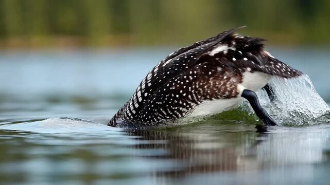 Diving duck water splash lake wildlife nature bird action outdoor summer reflection with common loon water bird swimming calm lake surface detailed plumage pattern peaceful nature wildlife scene