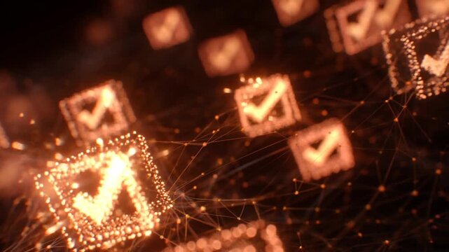 Digital check mark glowing icon abstract network data connection cyber background orange light approval symbol technology pattern modern interface futuristic design multiple check mark glow dark