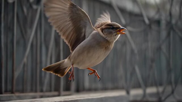 Brown sparrow small bird urban wildlife flying bird flapping wing grey feather sharp beak shallow focus metal fence city background graceful brown sparrow flying near metal fence soft daylight