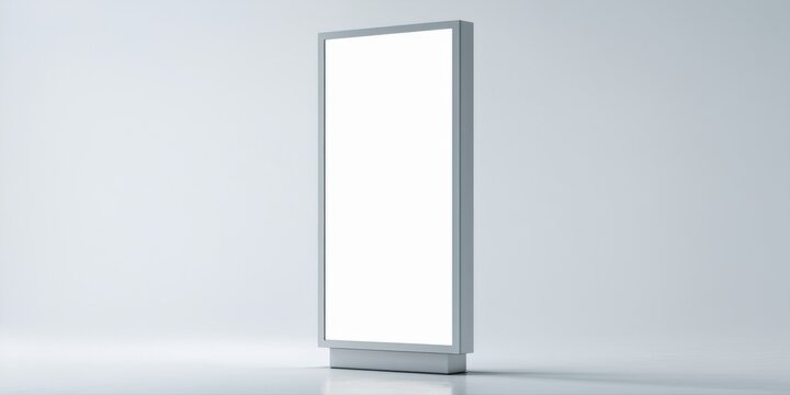 Empty lightbox stands on reflective surface. Minimalist studio shot, clean presentation, bright illumination, simple design.