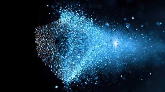 Futuristic data cube digital particle blue abstract technology background stream with abstract shield cyber security data protection and digital network future technology glowing blue burst energy