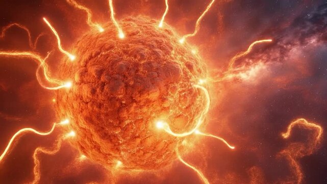Fiery sun surface solar flare plasma arc in deep space, cosmic star explosion and glowing orb astronomy background, intense heat energy galaxy science universe abstract cosmic fire