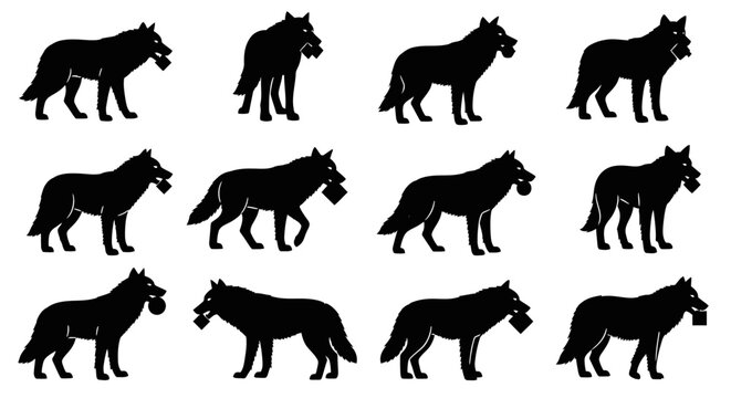 Twelve black wolf silhouettes carrying prey in their mouths, arranged in a grid pattern on a white background.