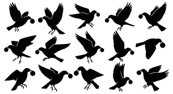 A collection of black bird silhouettes in flight, each carrying a small round object in its beak, against a white background.