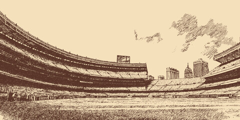 A large soccer stadium packed with spectators, wide-angle, minimalist line vector illustration. © PanzaDesign