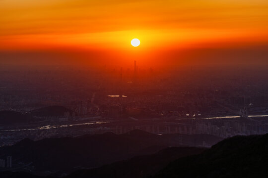 Majestic Sunrise over Beijing Cityscape: Panoramic View of CBD Skyline and China Zun from Western Hills