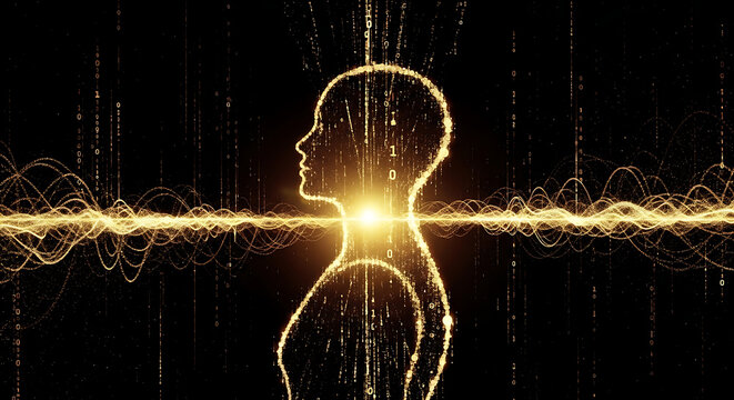 digital human silhouette glowing with binary code particles and a central energy stream conceptualizing ai consciousness and the future of technology.