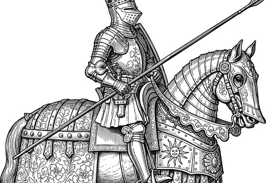 Medieval armored knight in full plate armor riding a caparisoned war horse with lance and sun emblem shield, vintage woodcut engraving vector illustration.