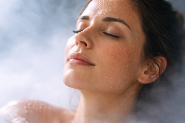 Naklejka premium Serene young woman enjoying a tranquil moment in steam