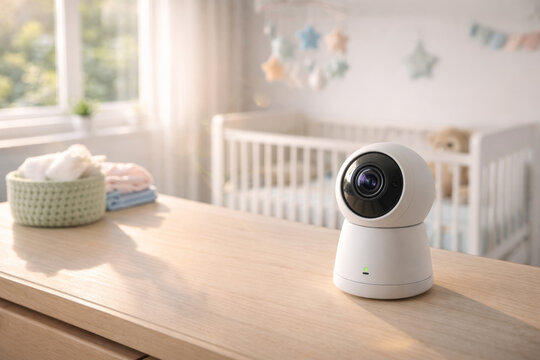 Baby monitor camera in a cozy nursery setting on table