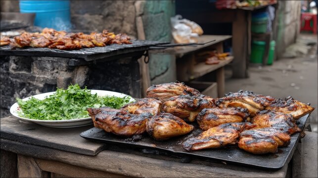 Asado grill with meat and chicharron on hot coals and griddle. Scene on stone floor in sunny weather with gray wall