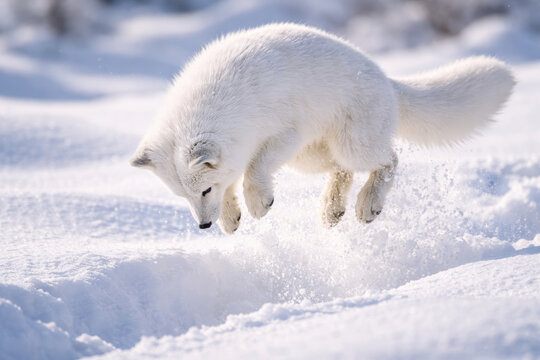 Arctic fox jumping playfully in sparkling white snow