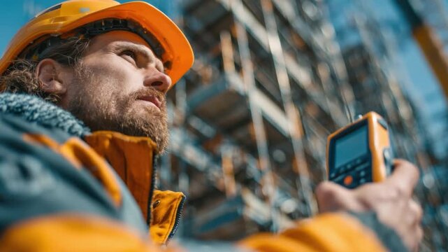 Focused Builder: A focused construction worker, clad in safety gear, meticulously surveys the site with a measuring tool, embodying precision and dedication in his craft.