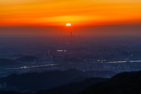 Majestic Sunrise over Beijing Cityscape: Panoramic View of CBD Skyline and China Zun from Western Hills