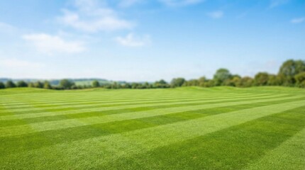 Obraz premium Vast green striped lawn under a bright blue sky with scattered white clouds and distant trees