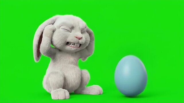 Stressed 3D White Bunny Having an Intense Migraine Headache Stress Near a Blue Easter Egg on Green Screen 4K Seamless Loop