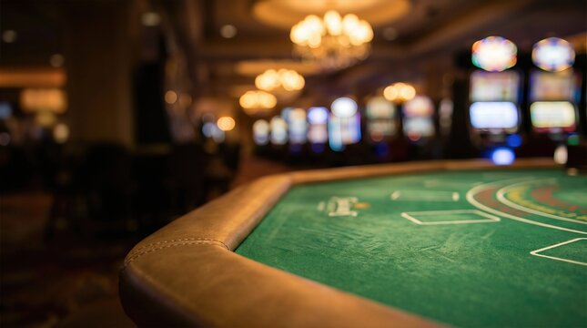 Green Felt Casino Table Surface With Blurred Slot Machines Background