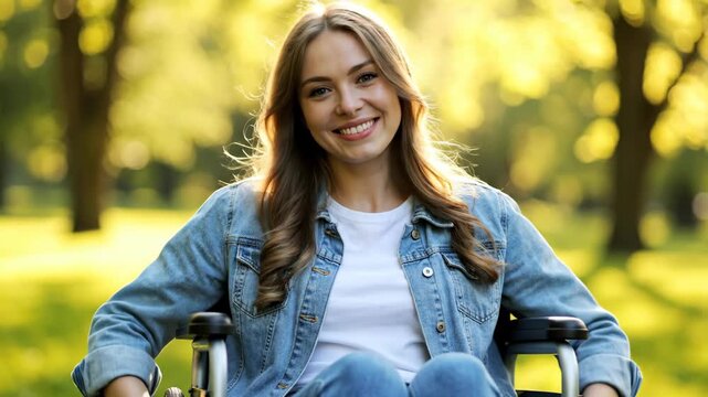 happy young caucasian woman in wheelchair smiling in park. disabled female enjoying outdoors on sunny day. diversity, inclusion, disability concept. lifestyle, healthcare, accessibility.