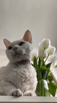 Curious white Devon Rex kitten sitting on a small table beside a vase of fresh white tulips, gently looking around in a bright minimalist room. Vertical  screen