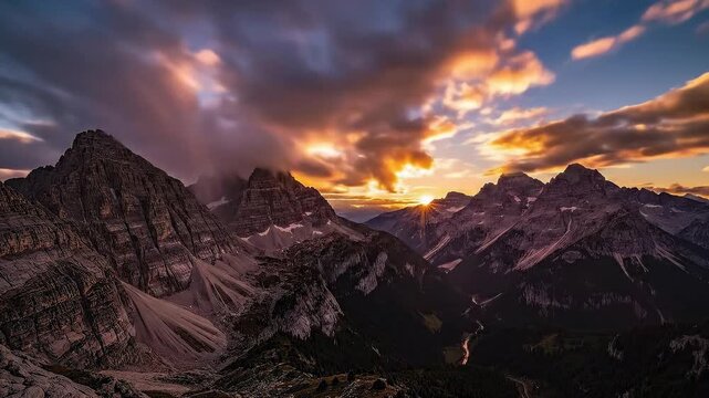 Aerial view of majestic mountain range at sunset with golden light and fluffy clouds