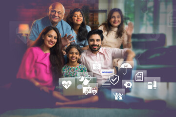 Happy Indian joint family with grandparents and kids on sofa. Infographic shows comprehensive...