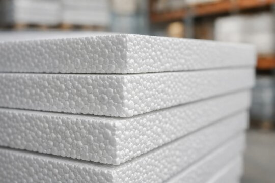 Stack of white expanded polystyrene (EPS) foam insulation boards in a construction warehouse