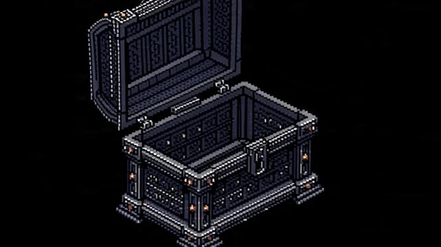 Detailed pixel art rendering of an open, empty ornate treasure chest, serving as a captivating video game element for fantasy or adventure themes, ready for player discovery