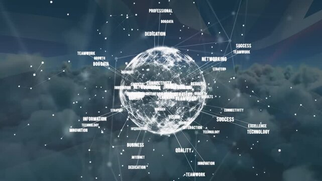 Animation of network of connections with business text over british flag and globe