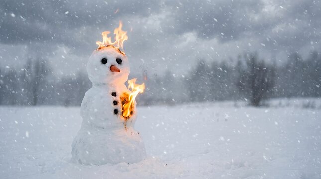 Burning Snowman on Fire Melting in Snowy Winter Landscape