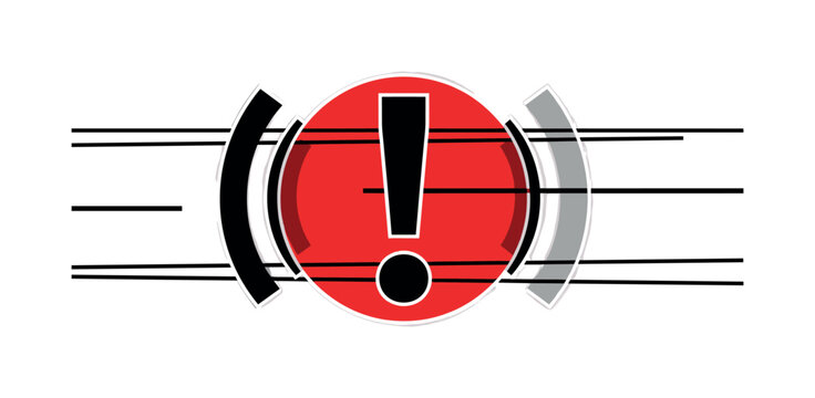 Black and white central exclamation mark icon enlarged dramatically, bold red circle perfectly aligned behind it for high contrast urgency, thin