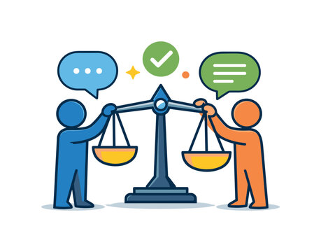 Internal equity resentment workplace resolution illustrated by aligned figures adjusting balance scales together, expressing dialogue, transparency and