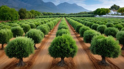Naklejka premium Rows of olive trees stretch across the landscape with green grass and mountains in the background under a clear blue sky