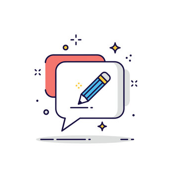 Student feedback constructive criticism concept illustrated by a speech bubble with a small pencil editing mark and subtle sparkle accents. A concise symbol of