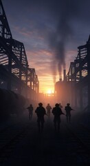 Naklejka premium Squad of soldier men patrolling through ruined industrial warehouse during sunset. Military conflict in destroyed city. Atmospheric scene of armed troop walking on railway track. War zone.