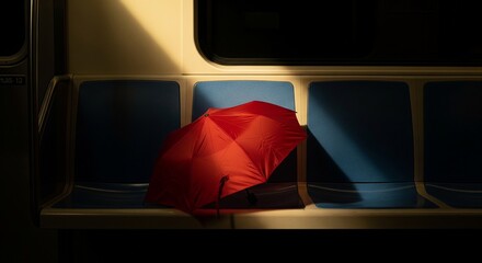 A bright red umbrella left alone on a blue subway seat, highlighted by a sharp beam of sunlight coming through the window.