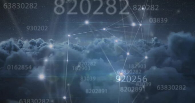 Animation of numbers and computer code processing over cloudy sky
