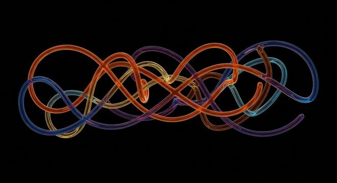 Abstract representation of a convoluted journey or complex system showing unpredictable routes and interwoven pathways on a dark background, complexity, maze, swirling