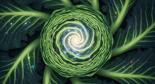 Surrel Green cabbage leaves form a radiant cosmic spiral vortex pattern