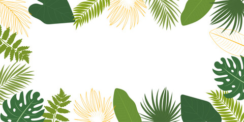Tropical leaves summer frame background with palm and monstera foliage. Elegant botanical border, perfect for summer design, invitations and eco themed templates. © Nadiia