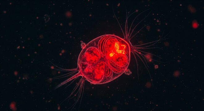 A detailed microscopic view of a glowing red organism or rotifer with cilia and internal structures against a dark background.