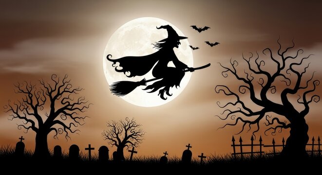 A witch flying on her broomstick under a full moon
