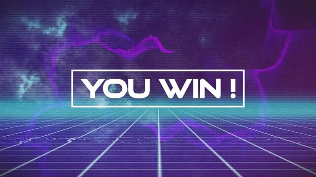 Animation of you win text banner with glitch effect over grid network and digital waves