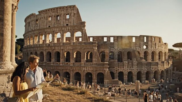 Couple Exploring Ancient Rome with a Map Near the Colosseum.