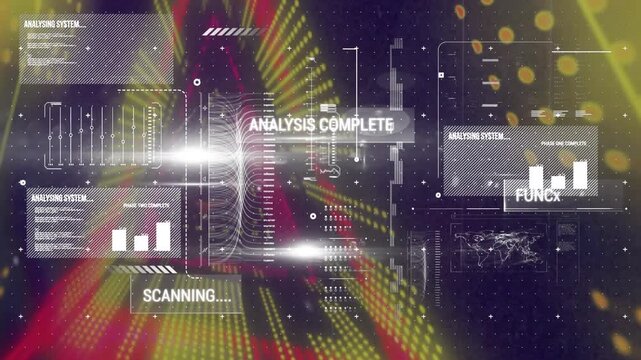 Animation of digital screen with diverse data and graphs over digital space