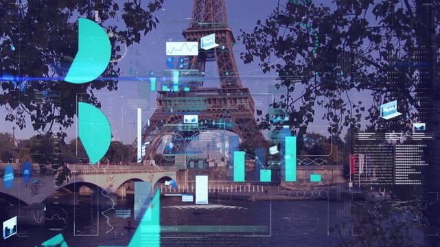 Animation of digital screen with diverse data and graphs over parisian cityscape