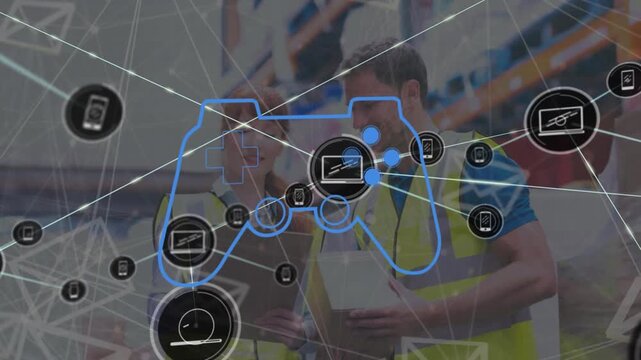 Animation of game controller, connected icons over caucasian coworkers discussing at port