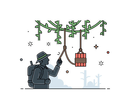 Rainforest survival challenge featuring a cautious explorer silhouette noticing a rope snare beneath hanging vines, symbolizing alertness and quick reaction in