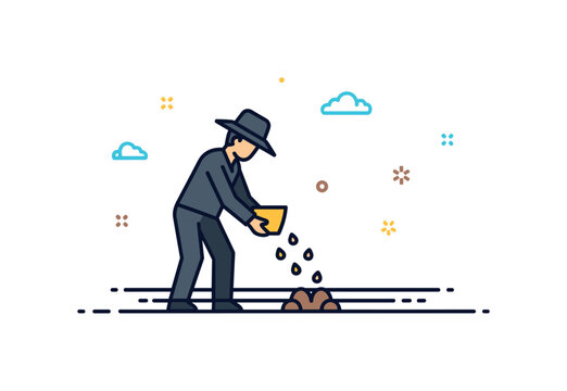 Farmer sowing field illustration featuring a simple silhouette scattering seeds across a minimal field line, expressing dedication and agricultural tradition.